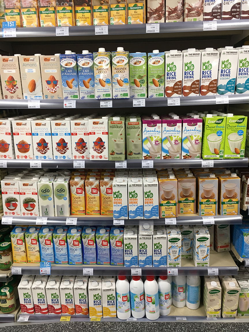 So many kinds of vegan milk at Naturalia in Paris.
