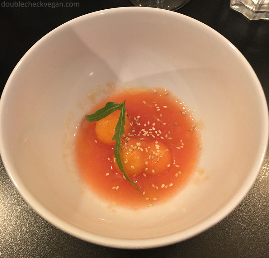 Melon and watermelon gazpacho with tabasco sauce at Pierre Sang in Paris.
