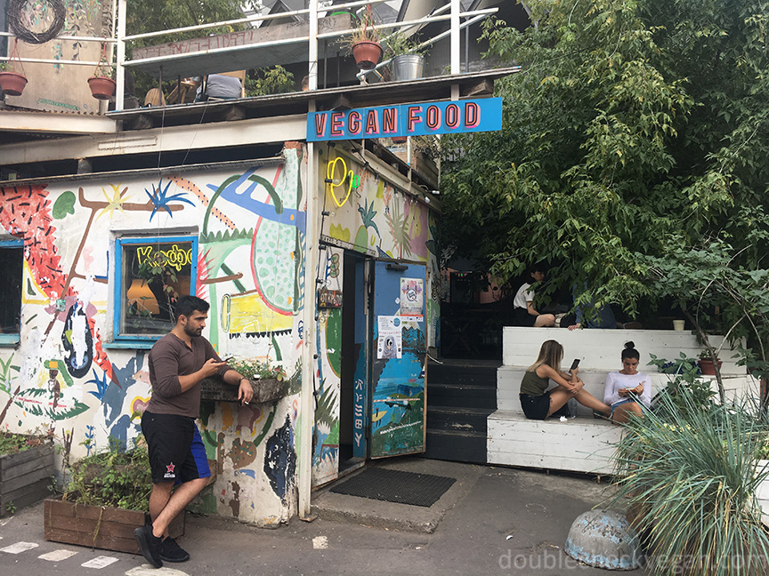 Outside Fruits & Veges vegan cafe in Moscow.