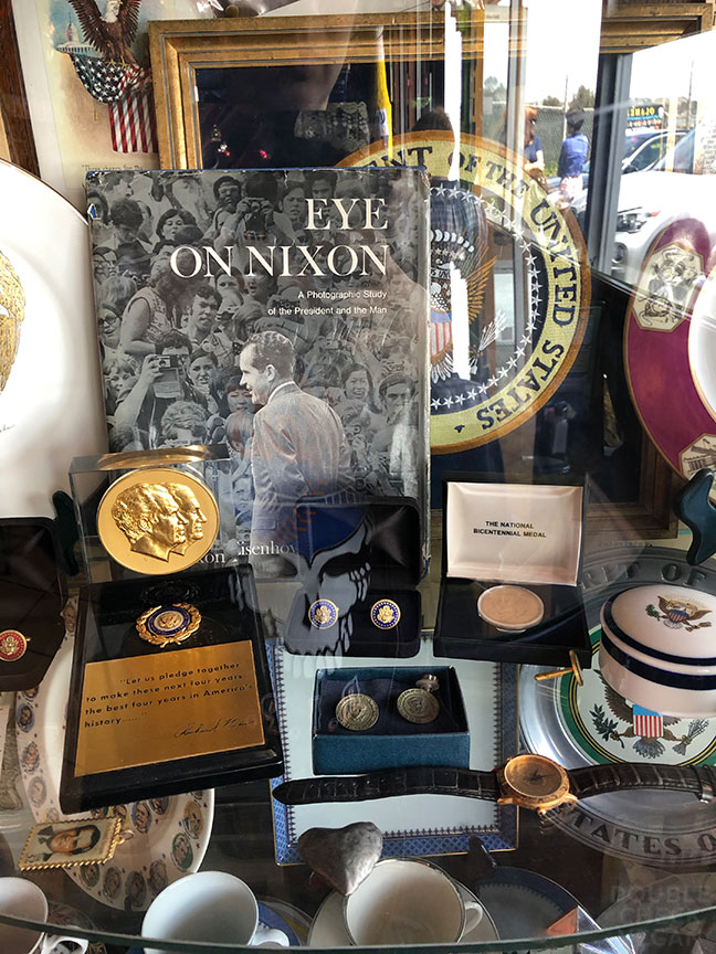Nixon memorabilia display case at Olamendi's in Dana Point - old school Los Angeles restaurants