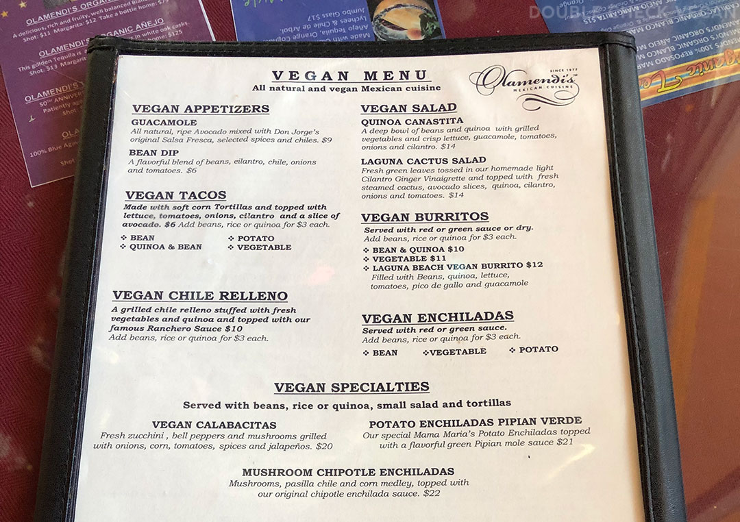 Vegan menu at Olamendi's Dana Point old-school Los Angeles